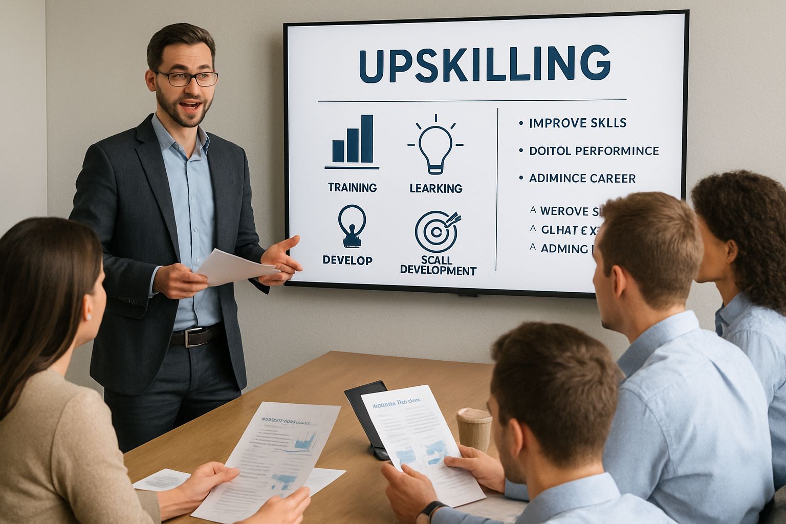 Employees engaged in workforce transition upskilling session led by trainer.