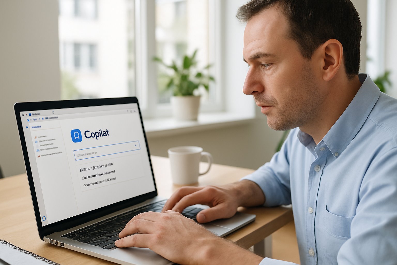 Professional using Microsoft Copilot for artificial intelligence adoption in daily tasks.