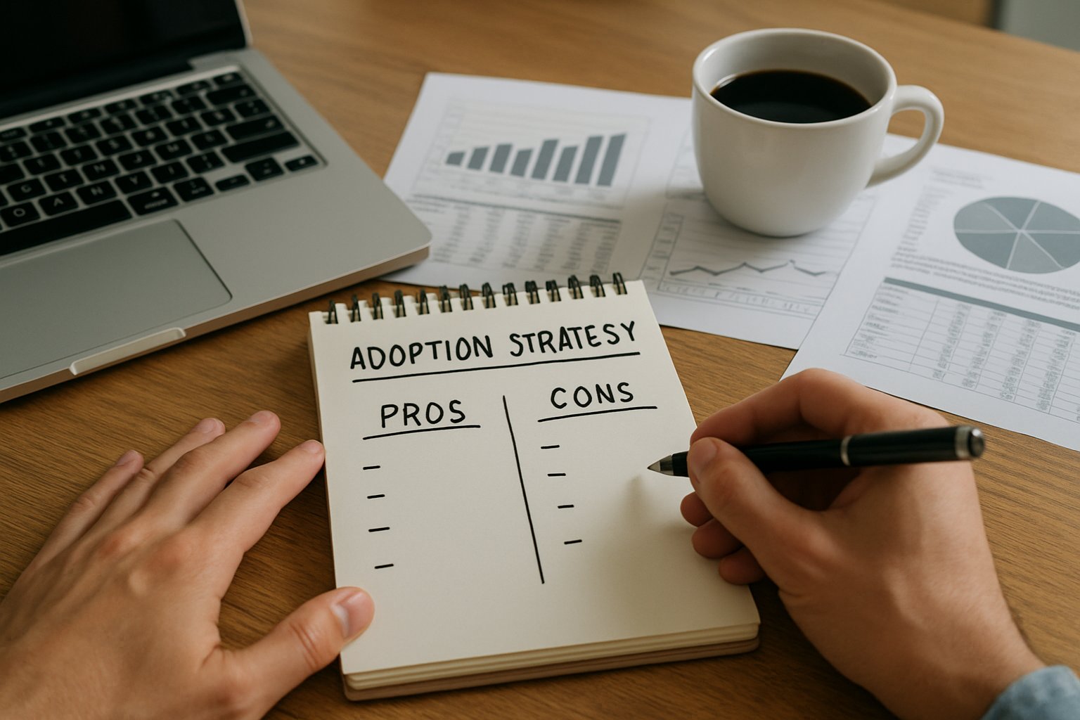 Close-up of adoption strategy notes comparing pros and cons for business decision.