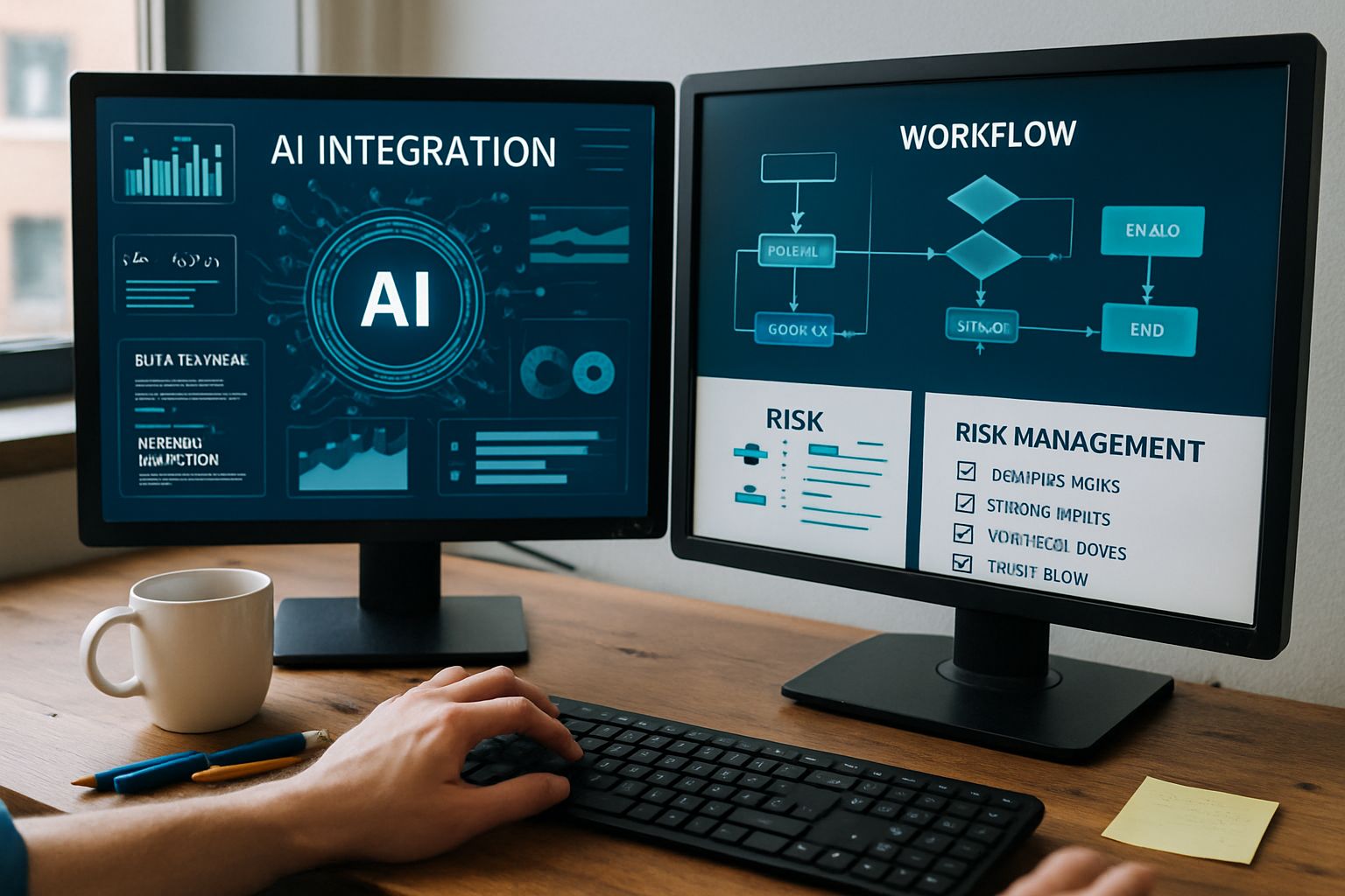 AI integration dashboard on computer screens in a realistic IT workspace.