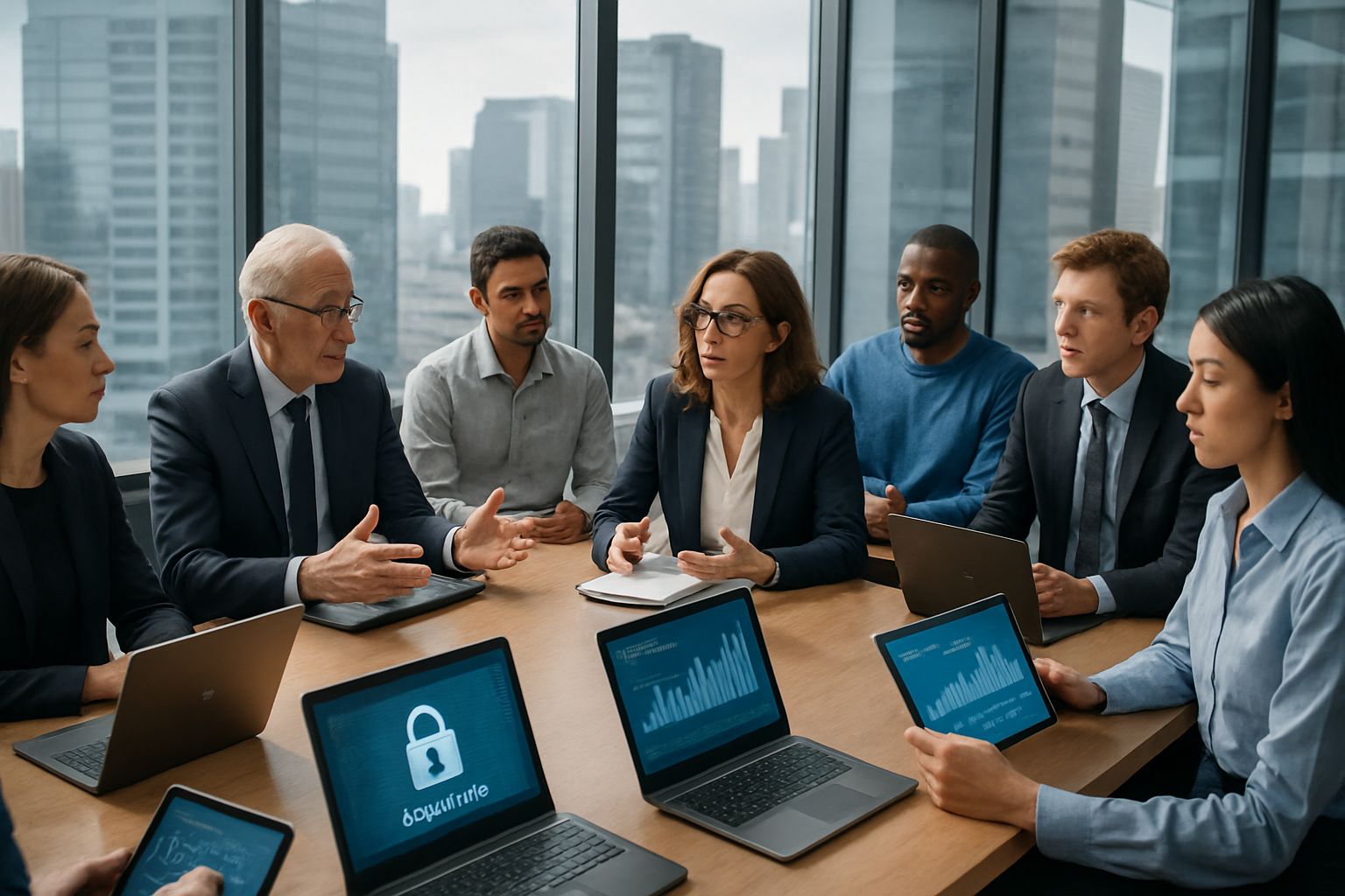 Executives discussing sovereign ai strategy in modern office setting.