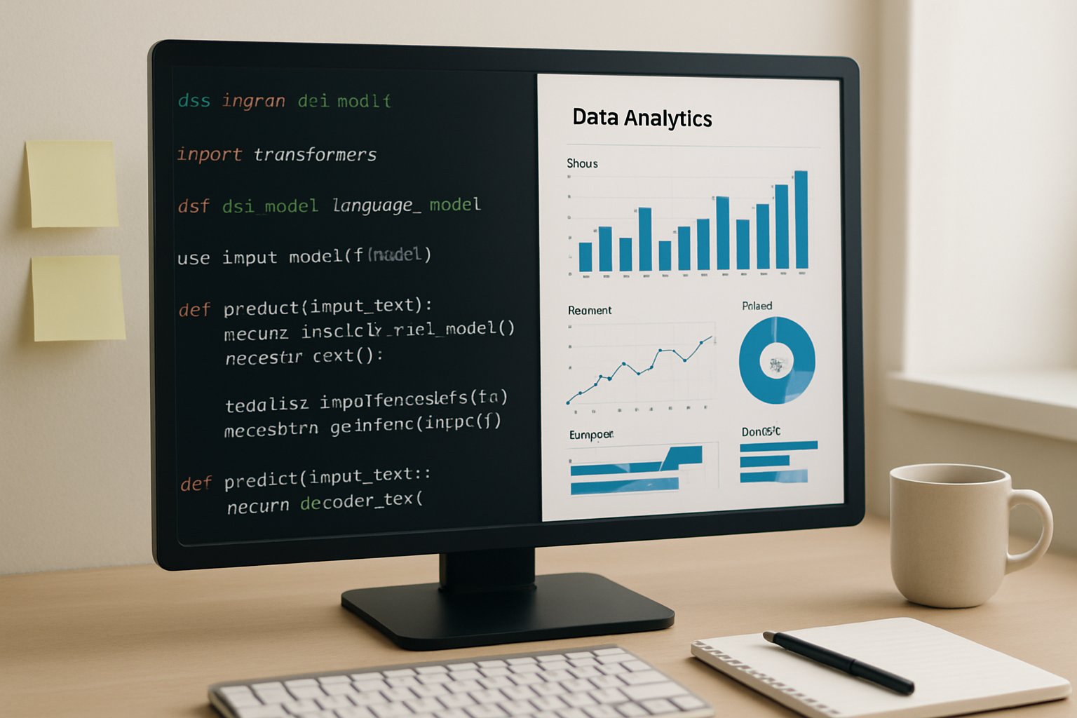 Computer screen showing Domain-Specific Language Models code and analytics dashboard