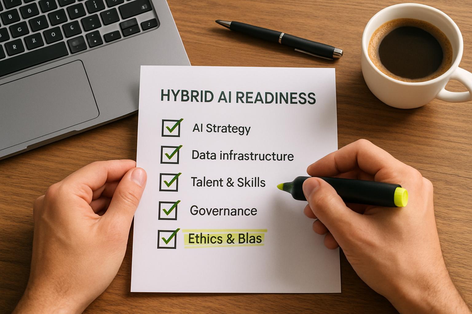 Hybrid AI readiness printed checklist being marked with a highlighter in a modern workspace.