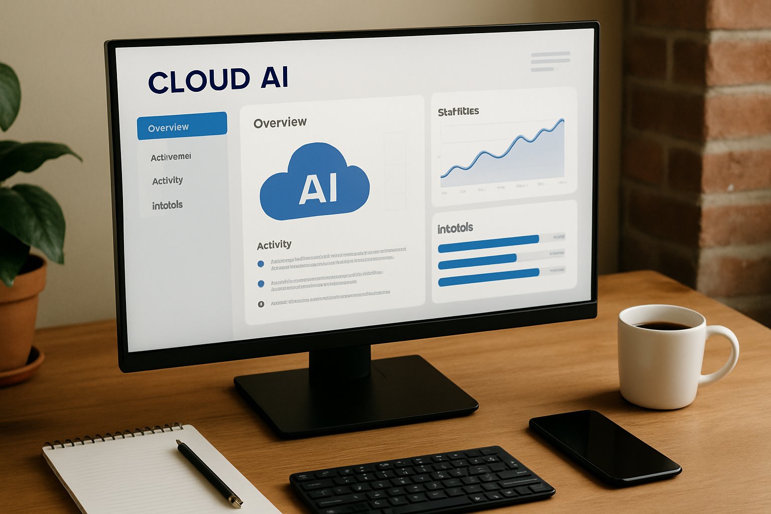 Cloud AI dashboard interface on a computer in a small business setting.