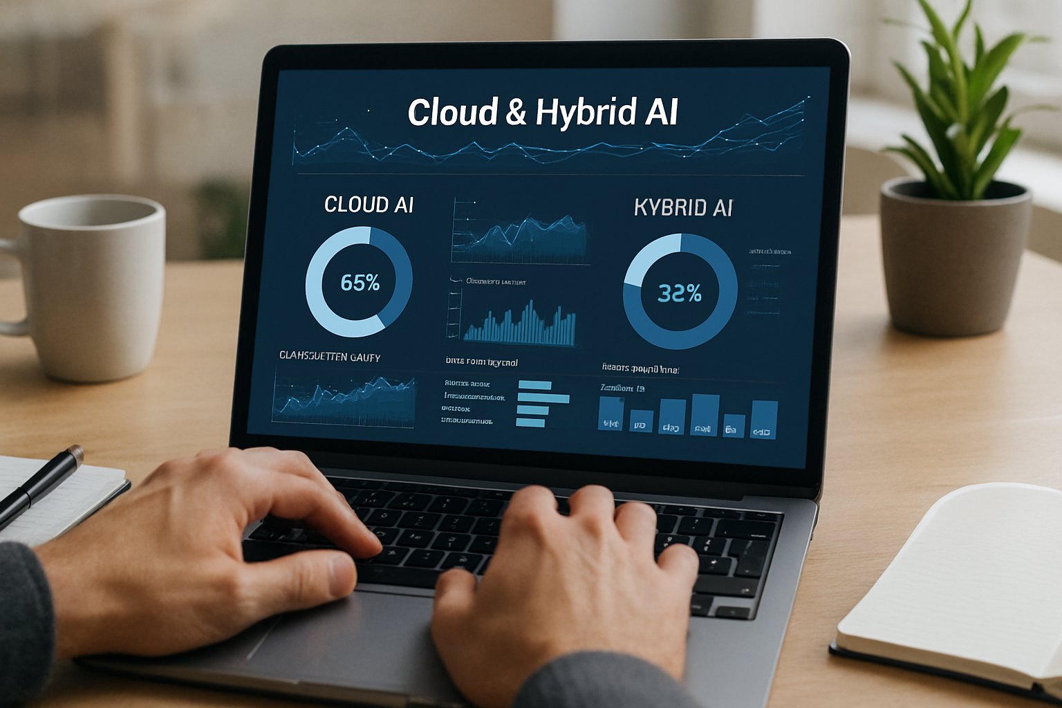 Professional reviews Cloud AI analytics dashboard on laptop in office.