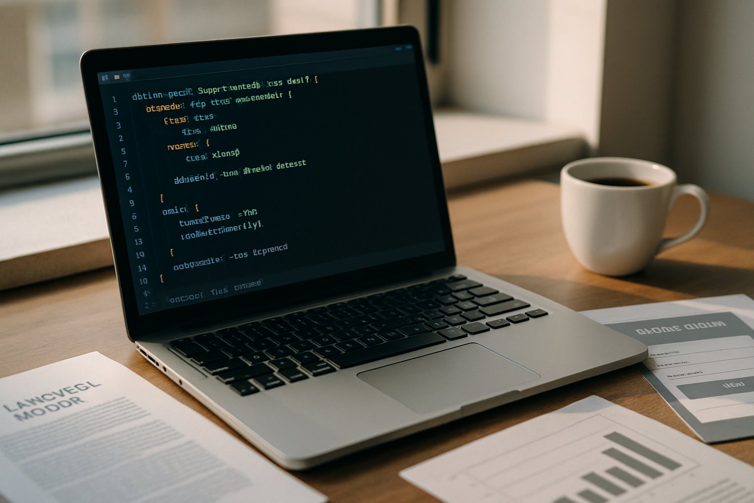 Workspace featuring coding of Domain-Specific Language Models on a laptop.