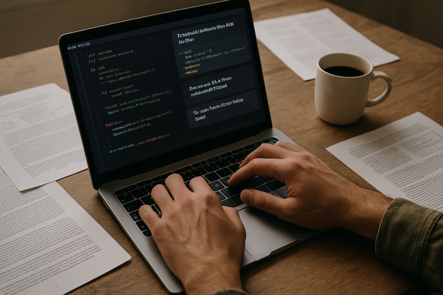 Hands coding Domain-Specific Language Models on laptop amid technical documents.