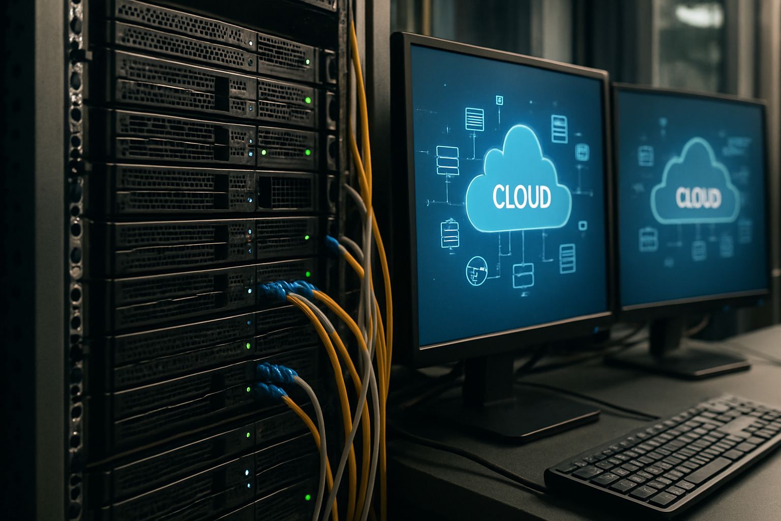Hybrid AI native architecture with cloud-integrated server rack in data center.