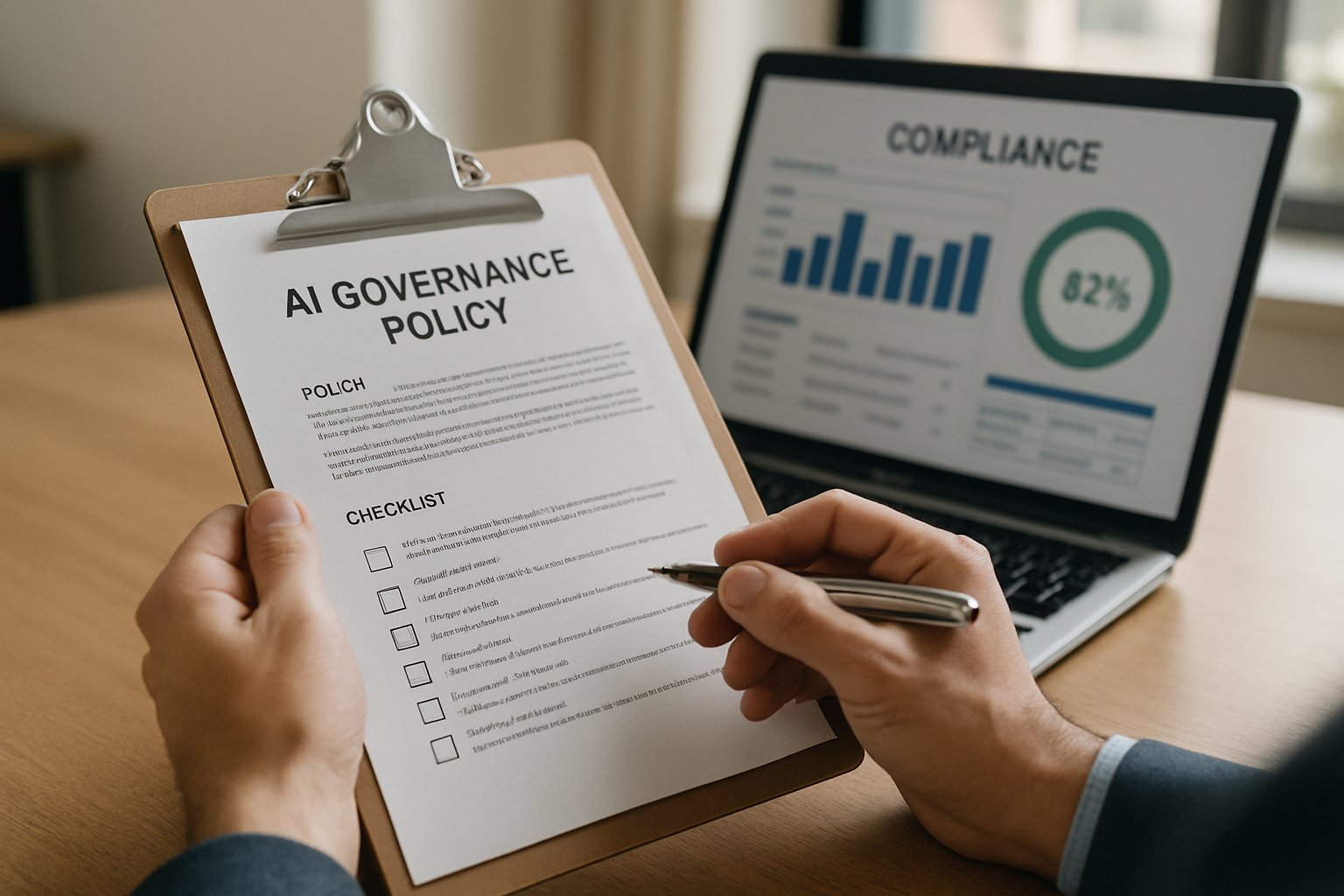Hybrid AI governance documentation and policy review process.