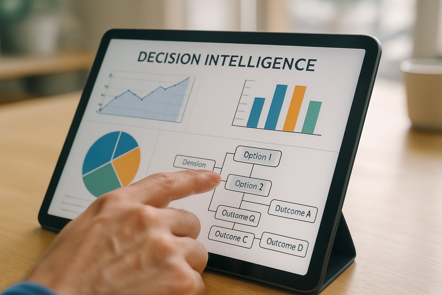 Hand interacting with decision intelligence dashboard on a tablet device.