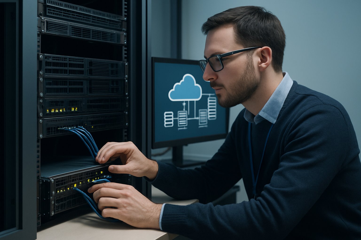 IT engineer manages Hybrid AI infrastructure integrating cloud and on-prem servers.