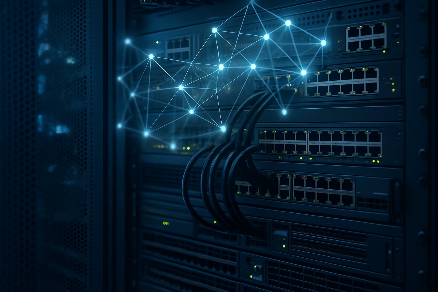 Server room representing AI-Native Architecture with data flow visuals.