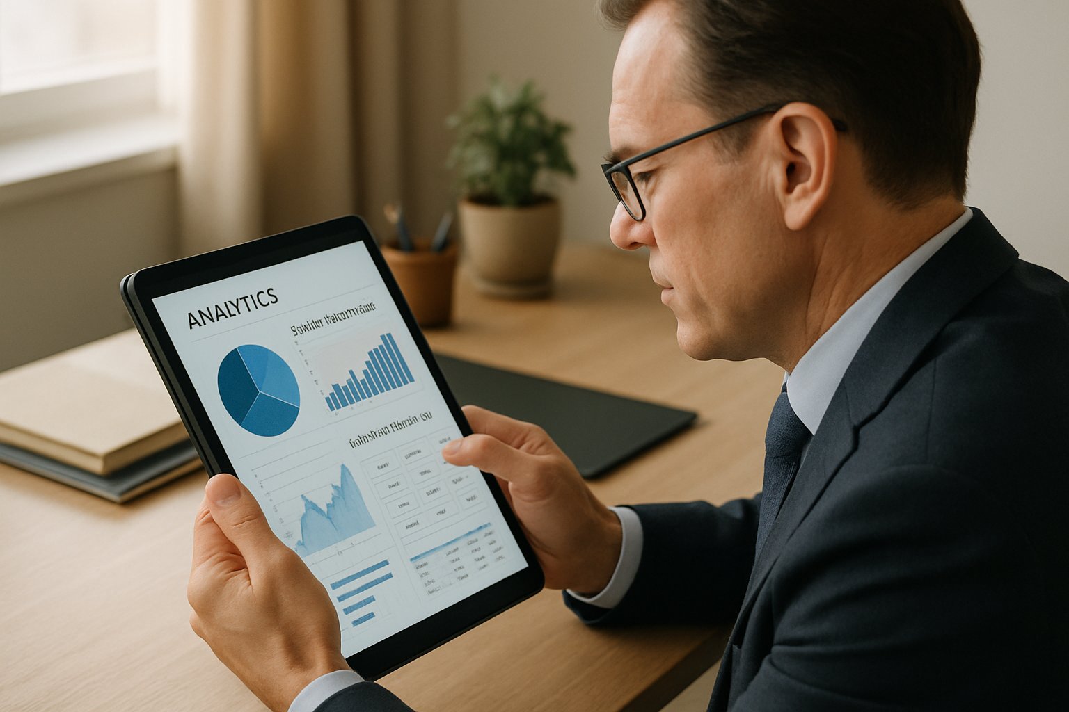 Executive evaluates decision intelligence analytics on secure tablet in office.