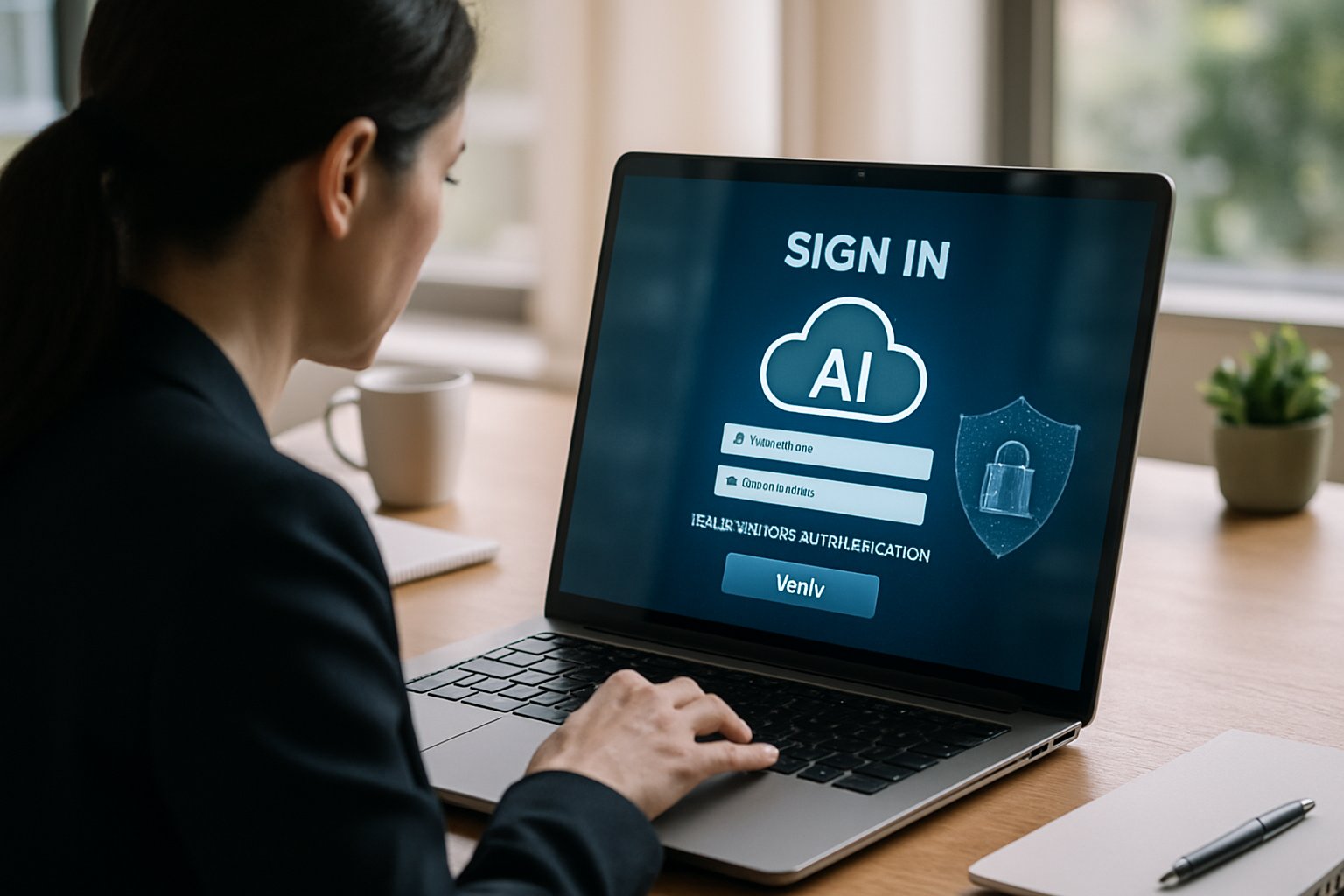 Businesswoman authenticating Cloud AI access with security authentication features visible.